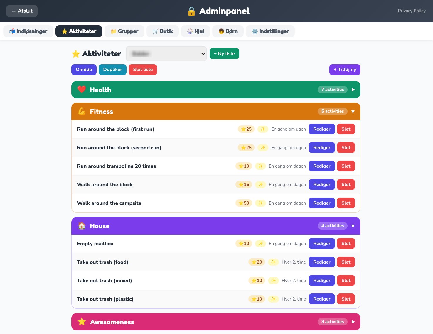 Admin activities panel