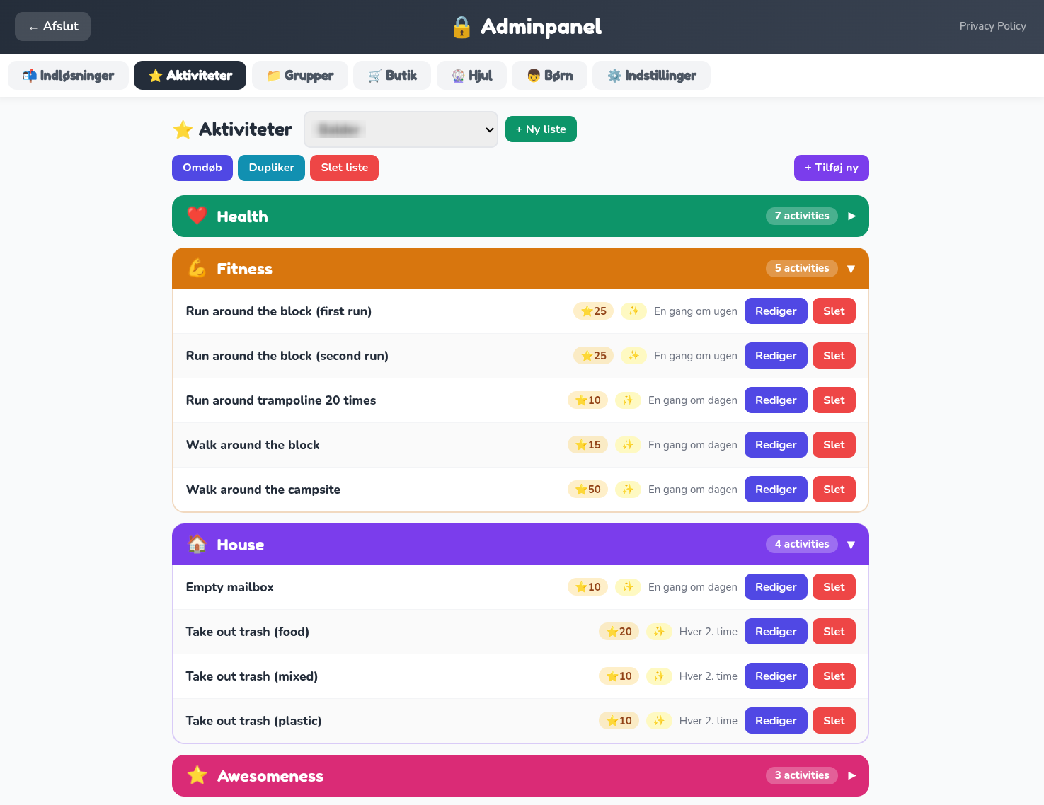 Admin aktivitetsliste